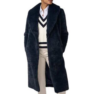 NWT BERNARDO Haven Faux Fur Shawl Collar Navy Blue Long Coat Large